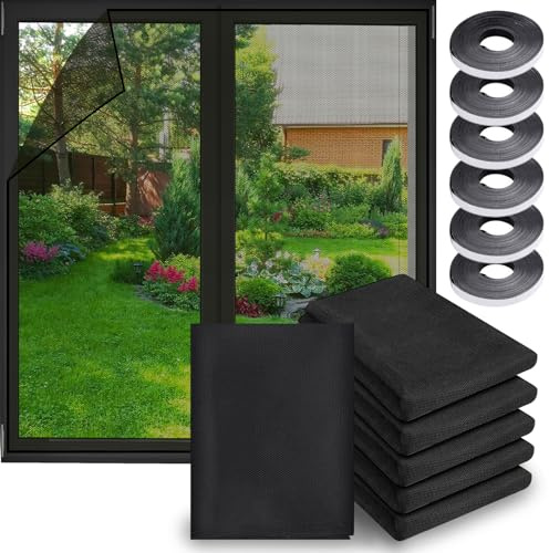 6 Pièces Moustiquaire Fenêtre Écran130x150cm, Fenêtre Filet Écran Insecte Moustiquaire Ajustable avec 6 Rouleaux de Bandes Auto-Adhésives, Protéger la Famille Contre Les Insectes (Noir)