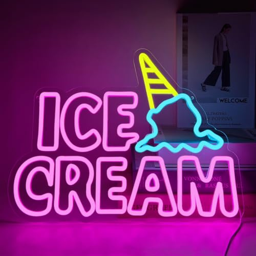 YUEYYNS Ice Cream Neon Sign, Neon Signs for Wall Decor, Yellow Blue Pink Light Up Sign Word LED Neon Sign USB Powered Neon Wall Signs for Bedroom Restaurant Cafe Drink Bar Business Ice Cream Shop