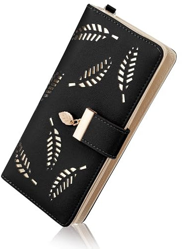HOLEMZ Lange Geldbörse Damen Leder Große Kapazität Geldbeutel mit Blatt Reißverschluss Brieftasche Kartenhalter Portemonnaie mit Handyfach Schwarz