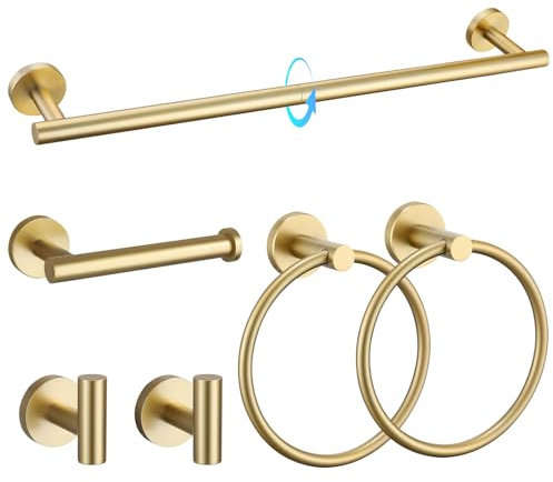 TQKAG Ensemble de 6 accessoires de salle de bain en acier inoxydable brossé doré avec barre porte-serviettes murale ronde de 60 cm