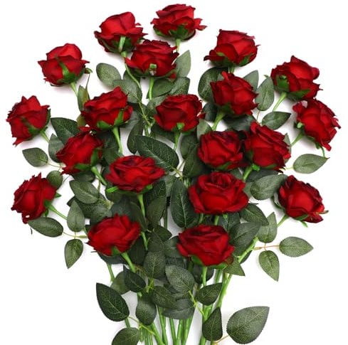 JUSTOYOU 20 PCS Künstliche Burgunder Rose, Seide Blumen mit Stiel, Realistische Blume für Home Table Office Party Hochzeit Garten Arrangements (Rotwein Rosen)