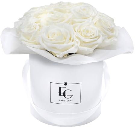 EG EMMIE GRAY Splendid Infinity Rosebox | Round | S | White – mindestens 15 Infinity Rosen mit langjähriger Haltbarkeit, echte Rosen die bis zu 3 Jahre blühen, konservierte Rosen (Pure White)