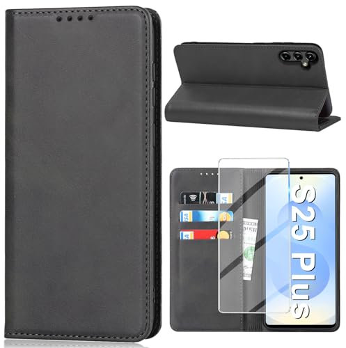 Vaki für Samsung Galaxy S25 Plus Hülle mit Schutzfolie, Handyhülle S25 Plus PU Leder Wallet Kartenfach Klapphülle, Schutzhülle für Samsung S25 Plus Flip Case Cover Coqu Tasche Handyschutz (Schwarz)