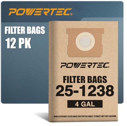 POWERTEC 25-1238 Vacuum Bags for Stanley 12PK, for Stanley AT25-1238 & Porter Cable PCX18301-4B, SL18301-3B 4 Gallon Filter Bags, Replacement Dust Bags, Shop Vacuum Bags (75051-P4)