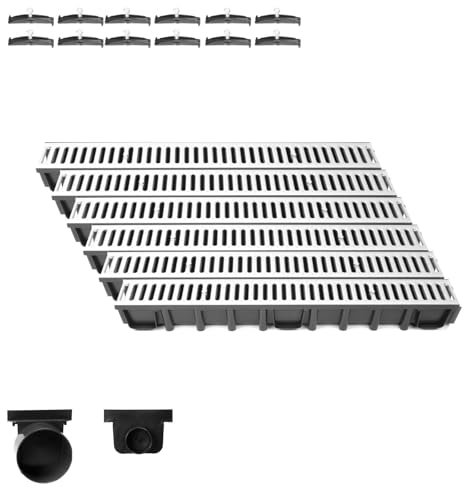 Entwässerungsrinne Set – befahrbar (A15) mit verzinktem Stahlrost | 6 m Länge, Bauhöhe 98 mm | Weitere Varianten: 1–10 m Länge, Bauhöhe 63 mm, 98 mm, 148 mm | Ablaufrinne für Garten, Hof & Einfahrt