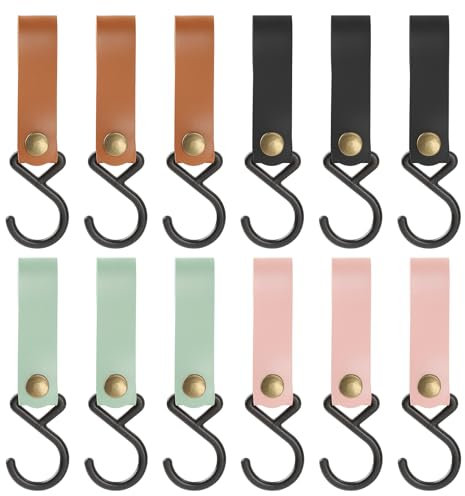 Cosswe 12 Stück Haken für Kleiderstange, Leder-S-Haken, S Haken Mit Lederschlaufe Campinghaken Multifunktionshaken Metall-S-förmige Haken zum Aufhängen für Mantel Handtuch Küche Kinderwagen-Haken
