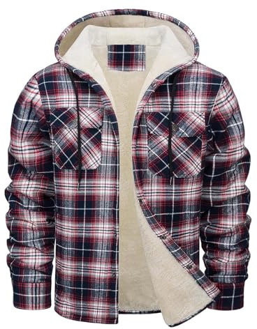 Mens Flannel Jacket Clearance for Men Checked Hooded Lumberjack Jacket Today's Deals,Fleece Lined Long Sleeve Button Plaid Coat Winter Lattice Cardigan Shirt Coats Outdoor Casual Warm Outwear S-5XL