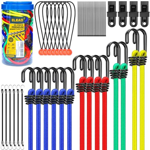 ELEAD 33 Piece Premium Bungee Cords Assortment Jar, Includes 10, 18, 24, 32, 40 Bungee Cord with Hooks, 6 Nylon Cable Ties, 8 Canopy Tarp Ball Ties and Tarp Clips