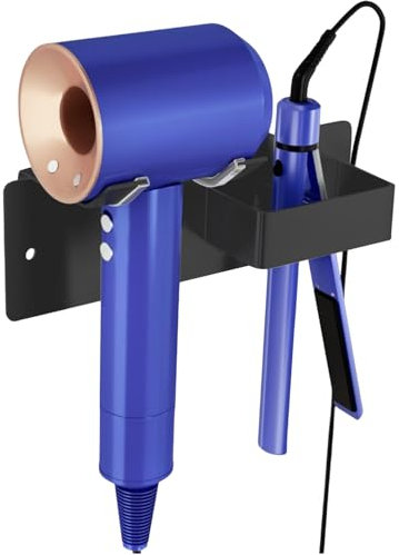 UEMUSI Hair Dryer and Straightener Holder, Stainless Steel Hair Dryer Holder Station, Hairdryer Holder Wall Mounted for Bathroom, Self Adhesive/Drilling Hair Tools Organiser for Storage Black