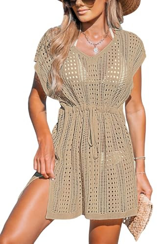 CUPSHE Women's Crochet Swim Cover Up Mini Dress Swimwear Knit Short Sleeve Beach Pullover Cover ups Khaki L