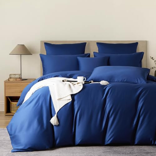 YASMENG Satin Bettwäsche 220x240 Blau 100% Langstapelige Baumwolle Kühlend Mako Satin Bettwäsche Weich Seidig Atmungsaktiv Seide Bettbezug Set 3 Teilig mit Reißverschluss und 2 Kissenbezüge 80x80 cm