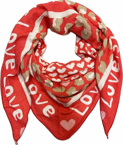 XL Dreieck Strickschal Herz Leopard Frühling Schal 100% Baumwolle Made in Italy Fashion Tuch Dreieckschal Stola Herbst Frühling Tuch Leo Love is Love Happy (Rot)