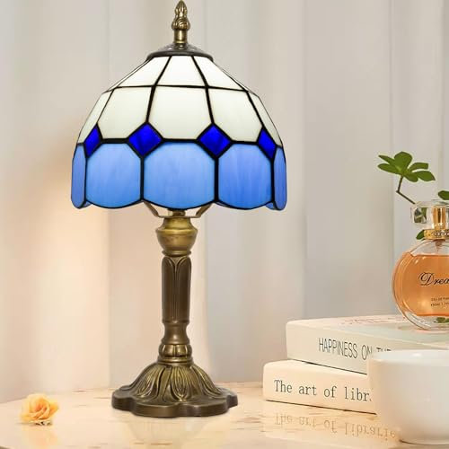 Ppbmocw Tiffany Tischlampe, Blauer Stil Tiffany Lampe Mit Dreifarbigen E27 GlüHbirnen, 8 Zoll Stained Glass Lamp FüR Wohnzimmer Und Nachttisch