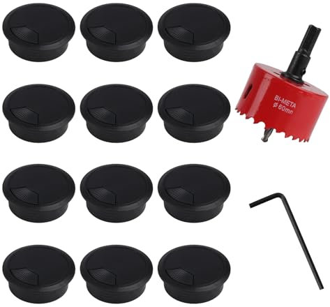 Lochsäge 60mm mit 12 Stück Kabeldurchführung Schreibtisch Kabeldurchführung Tisch, Lochkreissäge, Lochbohrer Set Bohrkrone, Kabeldurchlass Kabelauslassdose, mit 1 x Sechskant Adapter