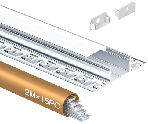 LED Aluminium Profil 2m x 15 Stück und strip Profil Unterputz, Schiene aus Eloxiertem LED Aluminiumprofil, Kanal für Streifen bis 20mm, Diffusor für Gleichmäßige Lichtverteilung (15×2Meter)