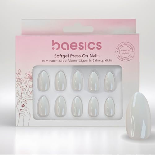 Baesics Soft Gel Press On Nails Milk White Almond - 30 Piece Nail Set for Home, Reusable, Natural Look, Flexible, Artificial Nails with Adhesive Pads, Salon Quality for Beginners and on the Go