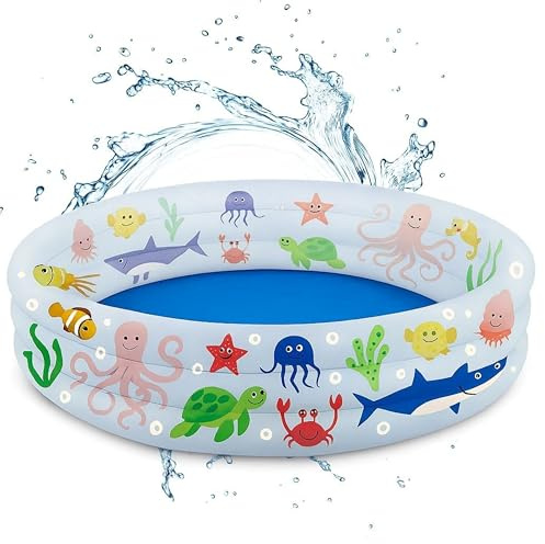 ADEPTNA Kids Inflatable Paddling Pool with 3 Rings, 1.22m x 0.25m, Durable Thick PVC Baby & Toddler Swimming Pool with Soft Inflatable Floor, BPA-Free, Sea Life Print, Easy to Inflate & Deflate