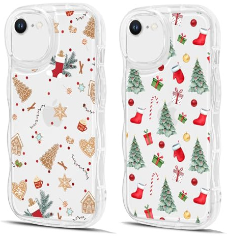 Coiwxmoi 2 Stück Weihnachten Hülle für iPhone 7/8/iPhone SE 2022 /SE 2020, Niedliche Wellen Lockige Transparente Handyhülle mit Lebkuchenmann und Weihnachtsbaum Muster Stoßfest Silikon Schutzhülle
