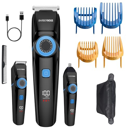 BarberBoss 3-in-1 Beard Trimmer, Hair Clipper & Nose Trimmer for Men, Waterproof Grooming Kit with Precision Blades, Adjustable Trim Lengths, USB Rechargeable, LED Display, Travel Case