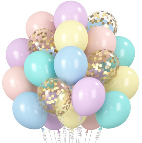 Luftballons Mehrfarbig, 60 Stück Farben Konfetti Ballons, Lila Orange Rosa Hellblau Azurblau Luftballons, 12 Zoll Pastellfarben Helium Ballons für Geburtstag Verlobung Hochzeit Graduierung Feier
