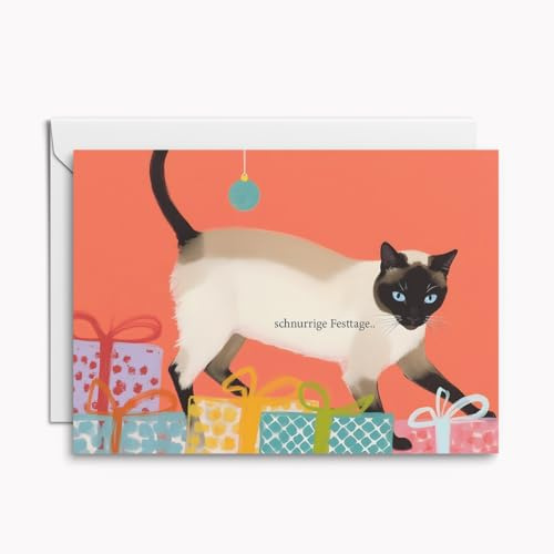 Katzen Weihnachtskarte „schnurrige Festtage..“ – 1 kunstvolle Karte mit Umschlag, ergänzt durch weißen Einleger für eigene Grüße