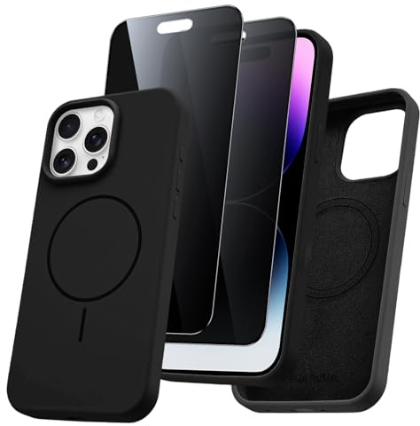Pnakqil Coque pour iPhone 14 Pro Max Compatible avec MagSafe, Magnétique Silicone Liquide avec 2 Pièces Verre Trempé Anti-Espion, Anti-Jaune Étui de Protection Antichoc Housse,Noir