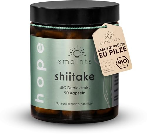smaints® BIO Shiitake Dual-Extrakt Kapseln - 100% aus Bio Anbau in Europa - 90 Stk für 90 Tage - hochdosiert 500 mg pro Kapsel - Premium Shiitake Lentinula edodes - vegan & laborgeprüft