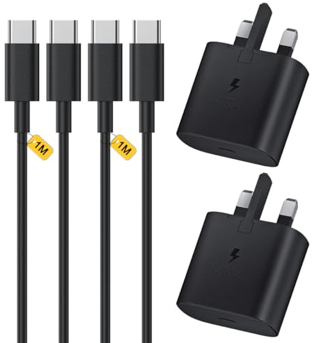 Samsung Fast Charger, Charging Cable 1M and Plug for Galaxy S25 S24 S23 S22 S21 S20 A26 A36 A56 A55 A54 A53 A35 A34 A33 A32 A25 A50 A40 A70 A71 A16 A17, 2Pack USB C Plug with Type C Lead