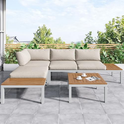 BTM Garten-Loungesessel-Set, Gestell aus verzinktem Stahl, (2X Zweisitzer, 2X Beistelltische, 1x Tisch), Akazienholzplatte, Stoffbezug zur Bespannung der Rückenlehne, beige(Previous SKU:HW00005AAW)