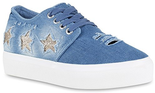 stiefelparadies Damen Plateau Sneaker Prints Plateau 90s Look Sneakers Stoff Schnürer Prints Blumen Lack Schuhe 137564 Hellblau Carlton 40 Flandell
