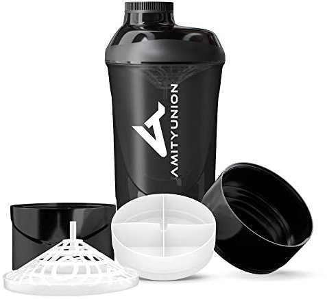 Fitness Shaker 700 ml mit 2 Extra Fächern - Deluxe Protein Shaker komplett auslaufsicher - BPA frei mit Sieb und Skala für Whey und BCCA Pulver, Trinkflasche für Trainings Boster - Schwarz Smoke Cup