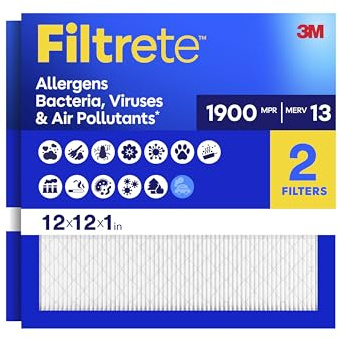 Filtrete 12x12x1 AC Furnace Air Filter, MERV 13, MPR 1900, Premium Allergen, Bacteria & Virus Filter, 3-Month Pleated 1-Inch Electrostatic Air Cleaning Filter, 2-Pack (Actual Size 11.81x11.81x0.78 in)