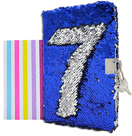VIPbuy Magic Reversible Sequin Notebook Diary Lined Travel Journal with Lock and Key for Kids Girls, Size A5 (8.5 x 5.5), 78 Sheets, Blue to Silver