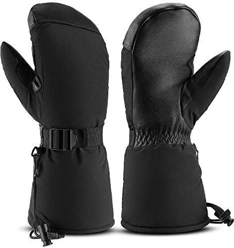 OZERO Winter-Skihandschuhe, Winddicht, Arbeitshandschuhe aus Rindsleder, Handfläche, wasserdicht, für Ski/Schneemobil/Schaufel, Herren, Schwarz, Größe L