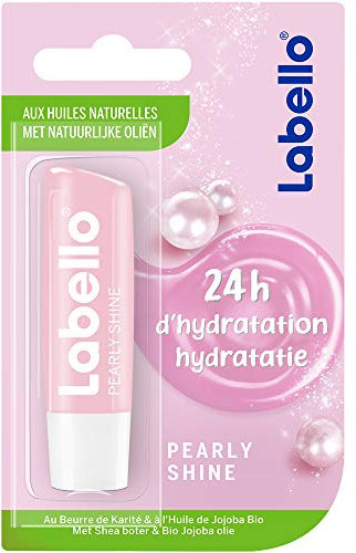 NIVEA Labello Pearly Shine Lippenbalsam angereichert mit natürlichen Ölen und Seidenperlen, Lippenpflege, langanhaltende 24-Stunden-Feuchtigkeit, Avocado, Rose, 5,5 ml