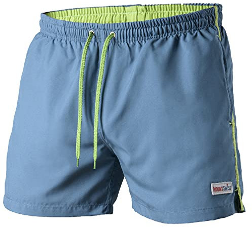 Mount Swiss Männer Badehose Dario mit seitlichen Taschen Gesäßtasche I Modische Herren Shorts Schwimmen Freizeit Wassersport I Badeshorts in der Farbe Denim-Blau, Größe S