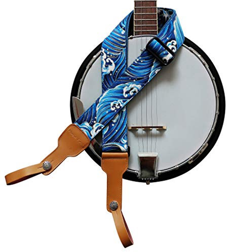 MUSIC FIRST Original Design, 2 inch width (5cm), “Tsunami Waves” Soft Cotton & Genuine Leather Delux Banjo Strap, With 2 pieces of MUSIC FIRST Leather Strap Locker. (Tsunami Waves)