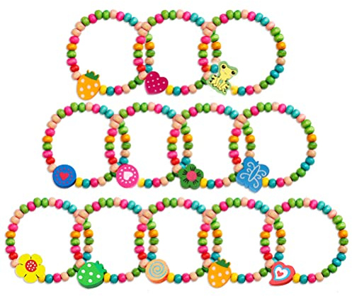kuou 12Pcs Colourful Wooden Bracelets Set, Party Bag Fillers