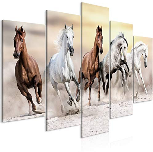 decomonkey Bilder Pferd 200x100 cm 5 Teilig Leinwandbilder Bild auf Leinwand Wandbild Kunstdruck Wanddeko Wand Wohnzimmer Wanddekoration Deko Tiere Natur