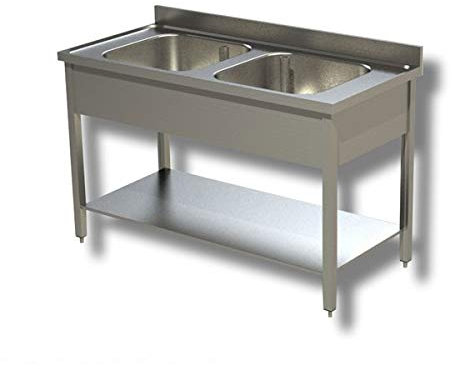 Ristotecno Lavatoio Lavello su Gambe a 2 vasche. Prof. 70-120x70x85H, Senza Ruote