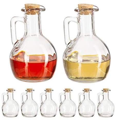 Relaxdays 8 x Öl- & Essigkanne, Glasflaschen mit Korken, runde Ölfläschchen für Öl & Essig, Essigspender je 180 ml, transparent