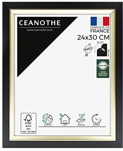 Ceanothe Cadre Photo 24x30 cm Noir et Doré Convient au A4 Baguettes avec finition intérieure de la Collection Actual Verre acrylique Incassable Fabriqué en France