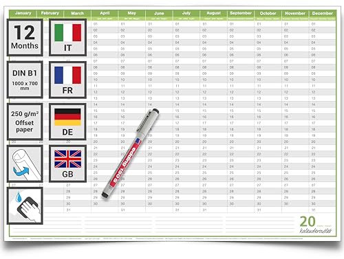 DIN B1 Jahreskalender 100 x 70 cm – abwischbarer immerwährender Wandplaner für alle Jahre – mit Marker – international: Englisch, Deutsch, Italienisch, Französisch – Kalenderoutlet