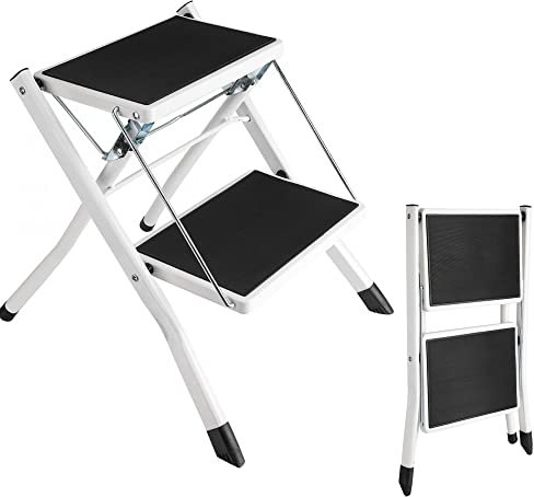 Escabeau Pliant Portatif de Tabouret Robuste à 2 Marches avec Pédales Antidérapantes en Caoutchouc Capacité de Charge Maximale 150kg