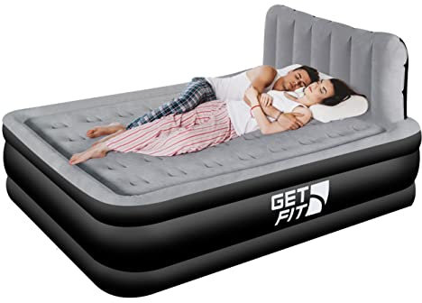 Get Fit Air Bed With Built In Electric Pump - Premium Double Airbed - Quick Blow Up Bed With Headboard & 2 Free Inflatable Pillows - Elevated Inflatable Air Mattress For Outdoor, Camping - Black/Grey