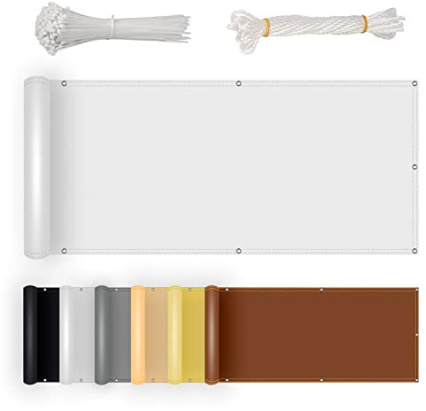 NKADNB PES Balkonbespannung Sichtschutz 130x1800cm 100% Polyester Wind-und UV-Schutz Balkonverkleidung Sichtschutz Mit Metall-Ösen für Balkongeländer Garten Freien,Weiß