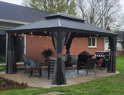 PURPLE LEAF Tonnelle de Jardin Exterieur 4,25 x 3 m Pergola Aluminium avec Moustiquaire et Rideaux Pavillon de Jardin à Double Toit Acier Galvanisé, Gris