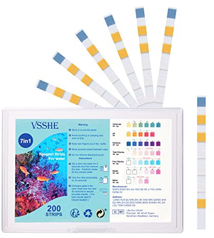 vsshe 7 in 1 Aquarium Teststreifen,200 Aquarium Wassertest zum Testen von Gesamthärte Gesamtalkalinität Karbonat Nitrat Nitrit Freiem Chlor PH Genauer Salzwasser Süßwasser Streifen Aquarium Test Kit