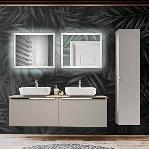 Lomadox Badmöbel Set in Taupe mit Vintage Eiche, 160cm Doppel-Waschtisch mit Unterschrank, 2 Keramik Waschbecken, 2 LED-Spiegel 70cm, Hochschrank