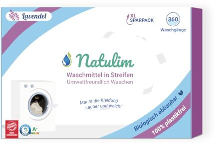Natulim - Detergente en Tiras para Lavadora (360 Lavados) - Incluye efecto Suavizante, Ecológico, Hipoalergénico, Zero Waste, Made in Spain - Ropa limpia y suave sin ensuciar el Planeta (Lavanda)